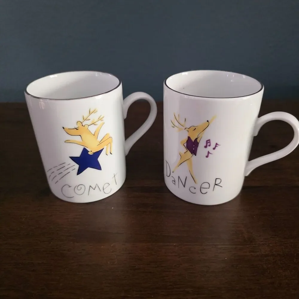Vintage 2 Pottery Barn Christmas Reindeer Mugs Dancer Comet w/Silver Rims